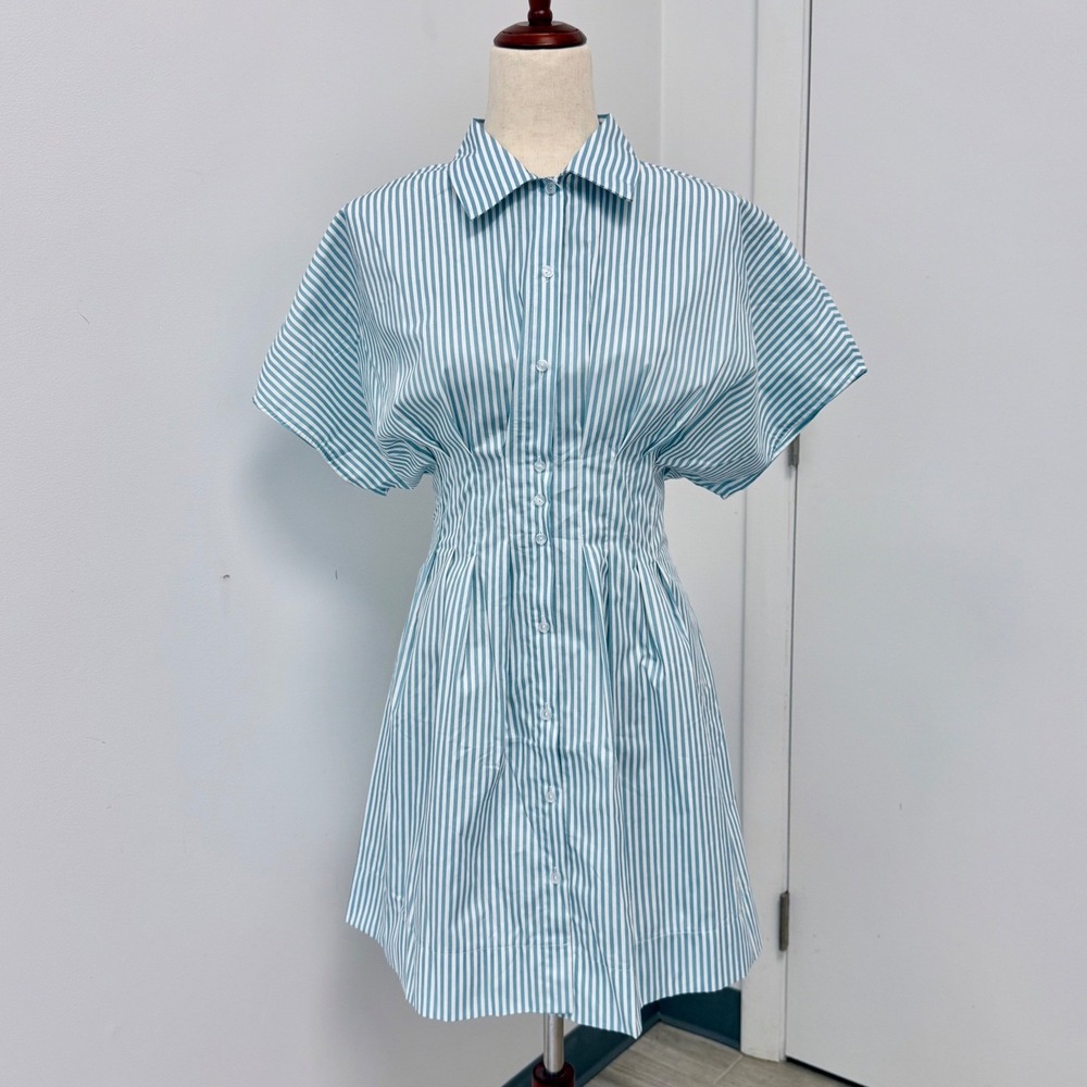 Blue White Stripe Mini Shirt Dress Nurse Candy Striper Diner Waitress Costume M
